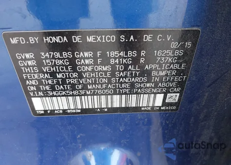 2015 Honda Fit Ex/Exl из США, поврежденный, VIN 3HGGK5H83FM776050